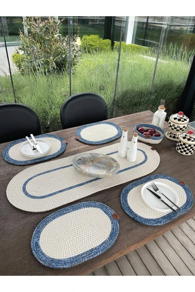home inn Doğal İp - Leke Tutmaz 6’lı Masa Takımı | 4 Amerikan Servis, 1 Runner, 1 Sepet - Şık Sofra Seti ürün görseli 1