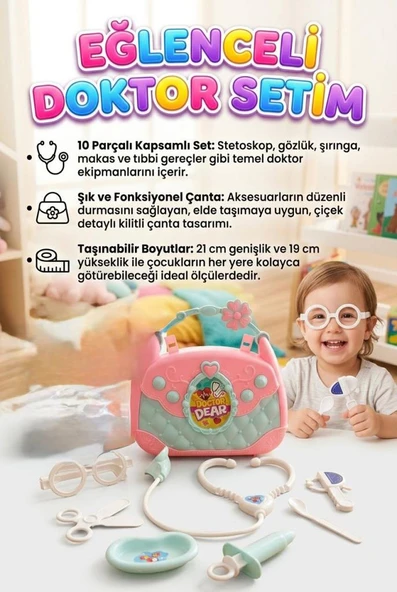 Küçük Doktorlar! 10 Parça Doktor Alet ve Ekipmanlı Taşınabilir Şık Çantalı Oyuncak Seti ürün görseli 1