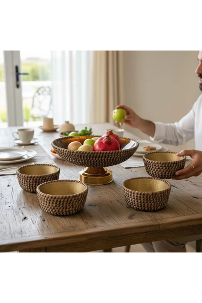 Home Inn Home Textile 5 Parça Sunum Seti – Doğal Dokulu El İşçiliği Görünümlü Meyvelik ve Kaseler ürün görseli 1