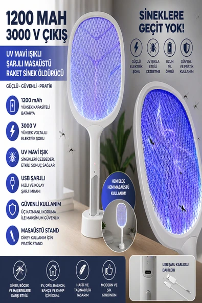 Şarjlı UV Mavi Işıklı Sinek Öldürücü Raket 3000V Güçlü Masaüstü & Elde Kullanım 1200mAh ürün görseli 1