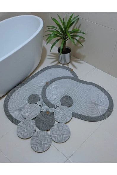 home inn Banyo Paspas Seti 3'lü El Yapımı Oval (60x100, 50x90, 51x60 cm) | Modern Tonlar Dekoratif Paspas ürün görseli 1