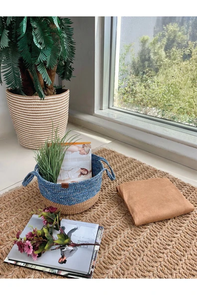 home inn Kulplu Düzenleyici Sepet Leke Tutmaz Mavi-Natural 31x20 cm ürün görseli 1