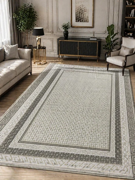 160x230 cm Pamuk Taban Kaymaz Halı Modern Dekoratif Salon Oturma Odası Halısı Bej Gri Desenli Yolluk Kilim ürün görseli 1