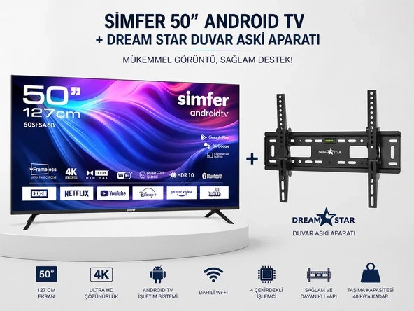 Simfer 50SFSA6B 50'' 127 Ekran 4K Ultra Hd Android Smart LED Tv ve Duvar Askı Aparatı ürün görseli 1