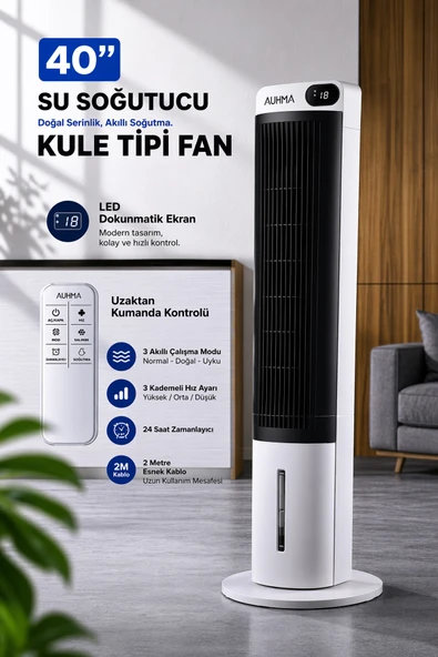 Kule Tipi Soğutucu Fan Uzaktan Kumandalı Su Buharlı Soğutucu Vantilatör 70W-3L Su Tankı-Led Ekranlı ürün görseli 1