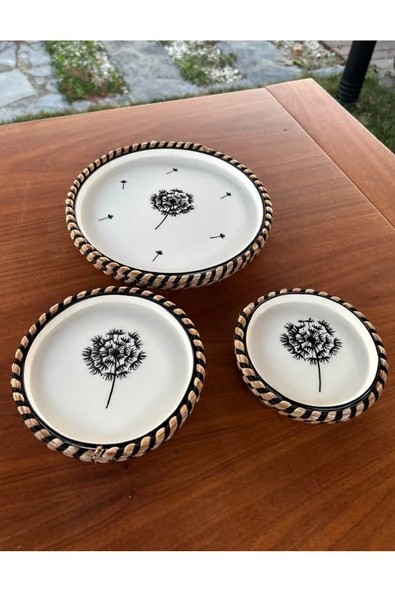 Home Inn Home Textile Karahindiba Çiçek Desenli Hasır Görünümlü Sunum Seti – Siyah Renk – 3 Parça El Yapımı Sofra Takımı ürün görseli 1