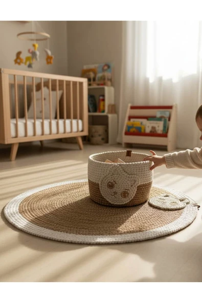 home inn Kedi Motifli Oyuncak Sepeti ve Oyun Matı Seti - İki Renkli Hasır Dekorasyon Takımı - 67 Cm ürün görseli 1
