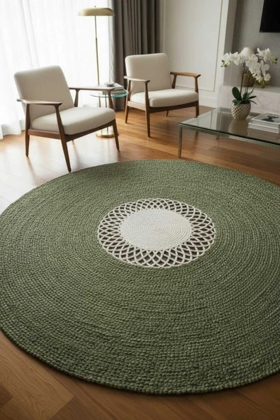 home inn Modern Yuvarlak Halı – Örgü Dokulu Yeşil & Krem Desenli Dekoratif Kilim | Bohem Minimal Salon Halısı ürün görseli 1