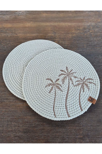 home inn Rustik Boho Yuvarlak Supla 33 cm – Palmiye Desenli – 2 Adet Beyaz Renk ürün görseli 1