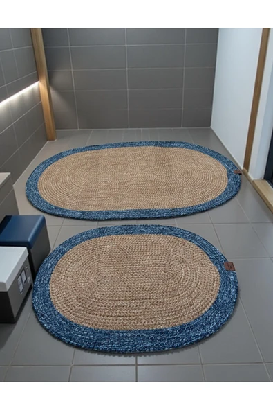 Home Inn Home Textile Mavi Kenarlı Hasır Görünümlü 2'li Oval Banyo Paspas Seti - El Yapımı ürün görseli 1
