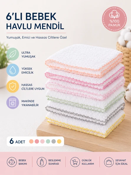 Bebek Ağız Mendili ve Ter Havlusu 6'lı Paket Düz Pembe 1071 ürün görseli 1