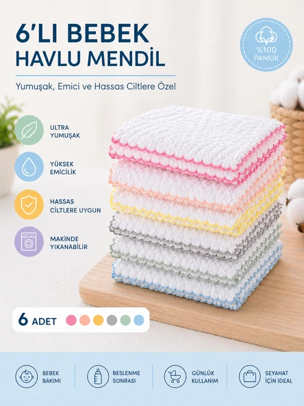Bebek Ağız Mendili ve Ter Havlusu 6'lı Paket Desenli Pembe 1071 ürün görseli 1