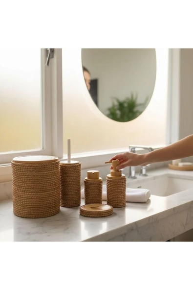 Home Inn Home Textile Jüt Kaplama 5 Parça Banyo Seti | Çöp Kovası Sabunluk Diş Fırçalık Natural Renk ürün görseli 1