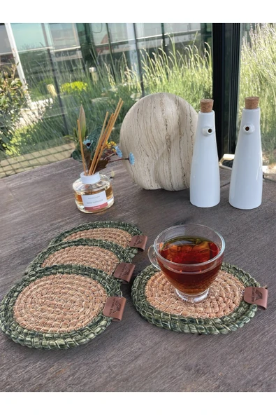 home inn 4 Adet Oval Dekoratif Bardak Altlığı Seti - Yuvarlak , Leke Tutmaz - Naturel-yeşil 13x17 Cm ürün görseli 1