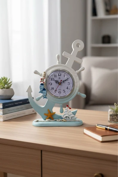 home inn Denizci Çapa Tasarımlı Dekoratif Masa Saati | Marin Temalı Ahşap Görünümlü Saat 31 cm ürün görseli 1