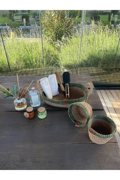 home inn 3'lü Düzenleyici Sepet Set Leke Tutmaz Yeşil-Natural ürün görseli 1