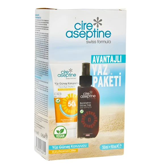 Cire Aseptine Avantajlı Yaz Paketi Yüz Güneş Koruyucu Spf 50+ Kuru ve Normal Ciltler  50ml ile Bronzlaştırıcı Güneş Yağı 90ml ürün görseli 1