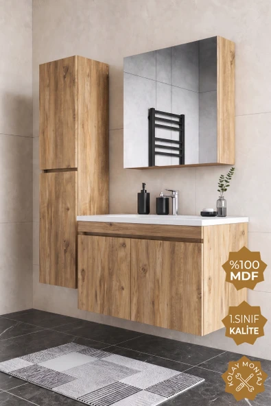 Teta Home Tokyo 100 cm MDF Banyo Dolabı Seti + Boy Dolabı  Atlantik Çam ürün görseli 1