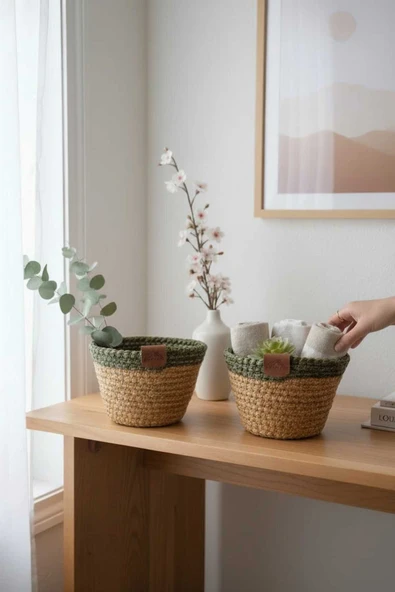 home inn 2'li Dekoratif Sepet Seti – El Örgüsü Organizer Sepet | Çok Amaçlı Kullanım (Yeşil Bordürlü) ürün görseli 1
