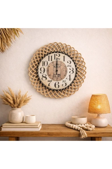 home inn Bohem Natural/Siyah İp Detaylı Duvar Saati – Modern Görünümlü Dekoratif Saat – 43 cm ürün görseli 1