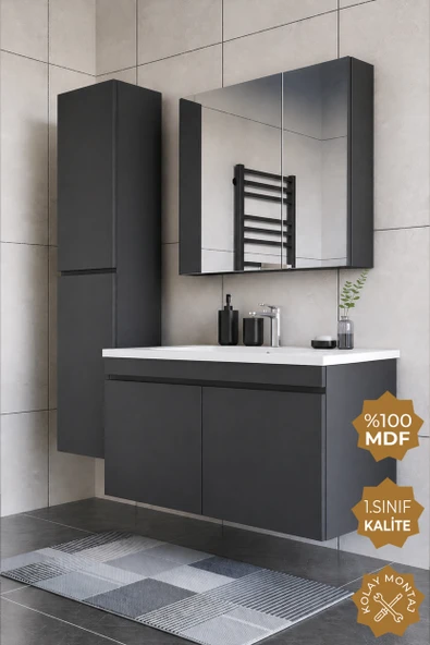 Teta Home Tokyo 100 cm MDF Banyo Dolabı Seti + Boy Dolabı  Antrasit ürün görseli 1