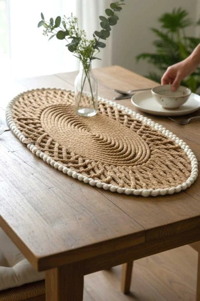 home inn Oval Modern Runner - 85x35 cm Örme Model Masa Örtüsü - Naturel Beyaz Desenli Runner ürün görseli 1