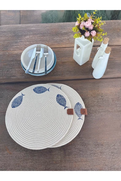 Home Inn Home Textile 2'li Set Balıklar İşlemeli Amerikan Servis-Leke Tutmaz Beyaz 33 cm ürün görseli 1
