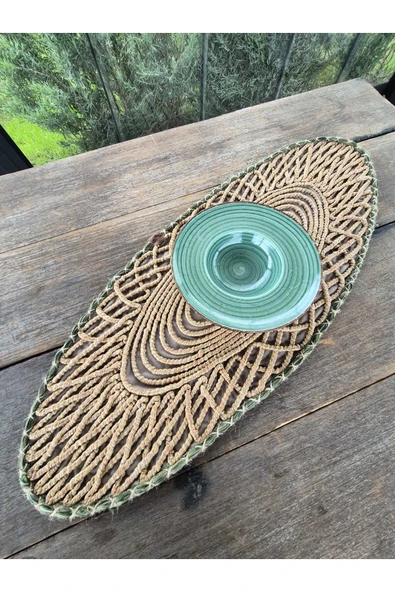 home inn Oval Modern Runner - 85x35 cm Örme Model Masa Örtüsü - Naturel Yeşil Desenli Runner ürün görseli 1