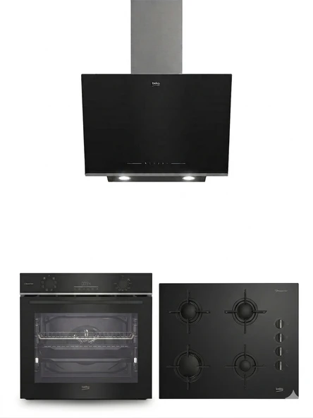 Beko Siyah Cam Ankastre Set (BFC 431 S Buhar Destekli Fırın + BOCDT 6510 ES Ocak + BDE 6062 S Davlumbaz) ürün görseli 1