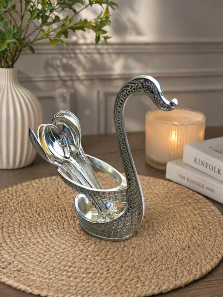 Kaşıklık Seti 6’lı Metal Kaşık Standı Dekoratif Çay Kaşığı Seti Kuğu Tasarımlı 12 cm Kaşık 15 cm Stand ürün görseli 1