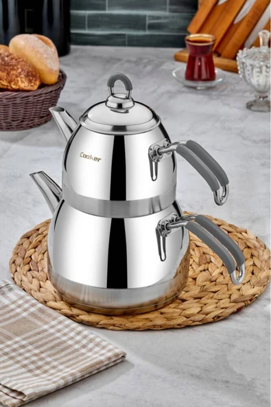 Cooker Paslanmaz Çelik Premium Model Aile Boy Çaydanlık-Gri ürün görseli 1
