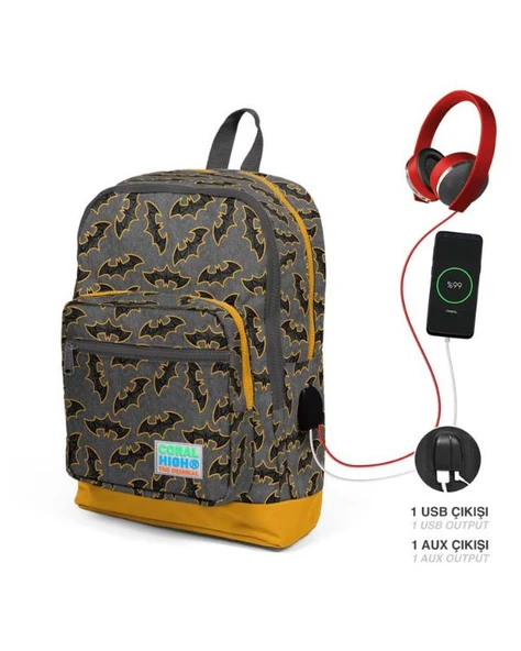 Coral High Yarasa Desenli USB ve AUX Soketli Okul Çantası 23821 ürün görseli 1