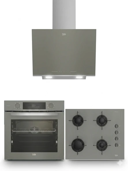 Beko Gri Cam Ankastre Set (BFC 431 G Buhar Destekli Fırın + BOCDT 6510 EG Ocak + BDE 6062 G Davlumbaz) ürün görseli 1