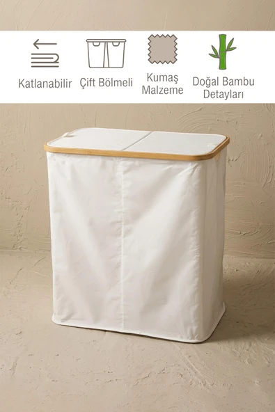 Vıch İki Bölmeli Katlanır Çamaşır Kirli Sepeti Krem 54x54x34 ürün görseli 1