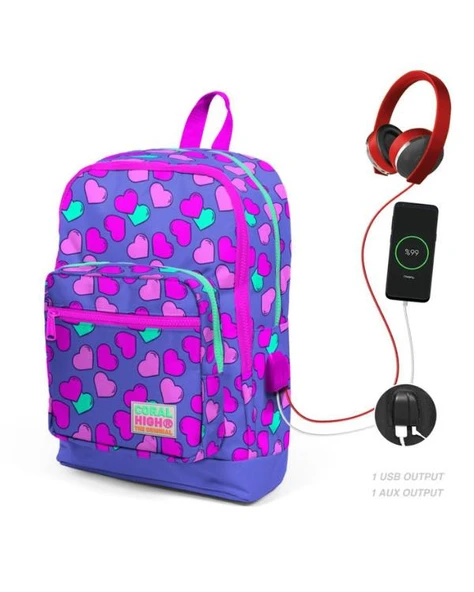 Coral High Lavanta Pembe Kalp Desenli USB ve AUX Soketli Okul Çantası 23263 ürün görseli 1