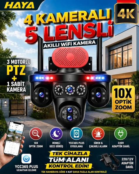 MPIA HAYA 4 Kameralı  5 Lensli WiFi Kamera 3 PTZ 10X Optik Zoom IP66 Gece Görüş ürün görseli 1
