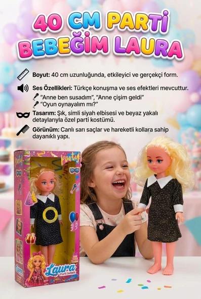 Laura Bebek! 40cm Sesli İnteraktif Türkçe Konuşan Eklemleri Hareket Eden Şık Elbiseli Oyuncak Bebek ürün görseli 1