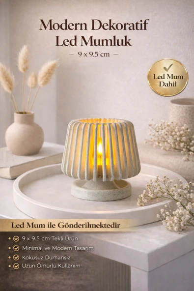zulya Modern Dekoratif LED Mumluk 9x9.5 cm – Minimal Tasarım Masa & Sehpa Aydınlatması – LED Mum Dahil ürün görseli 1