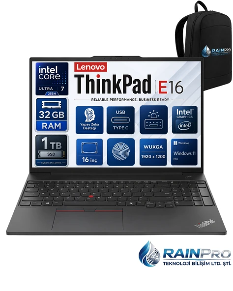 Thinkpad E16 Gen3 Intel Core Ultra 7 255H 32 GB DDR5 1 TB SSD Intel® 16'' Wuxga IPS Windows 11 Pro Taşınabilir Bilgisayar 21SR006RNP10 ürün görseli 1