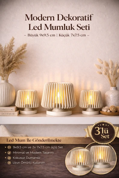 zulya Modern Dekoratif LED Mumluk Seti 3’lü – Minimal Tasarım, Led Mum Dahil (9x9.5 cm + 2x 7x7.5 cm) ürün görseli 1
