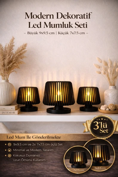 zulya 3’lü Siyah LED Mumluk Seti Modern Dekoratif Mumluk Hediyelik Şık Tasarım (7x7,5 cm & 9x9,5 cm) ürün görseli 1