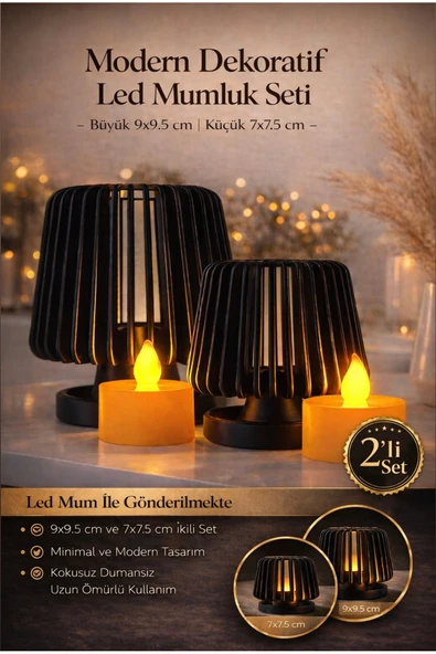 zulya Modern Dekoratif LED Mumluk Seti 2’li – Siyah Minimal Tasarım Şık Masa & Ev Dekoru ürün görseli 1