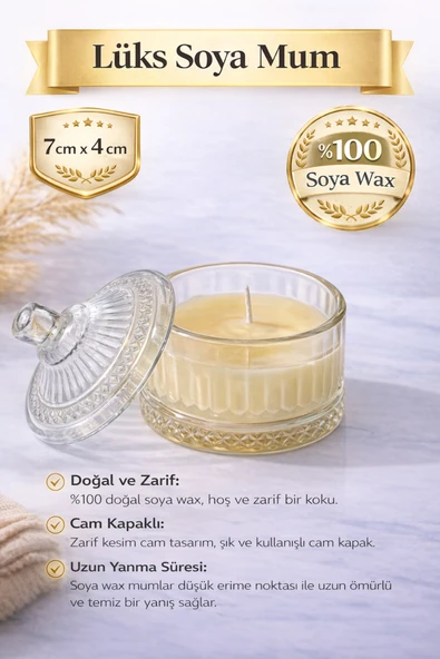 zulya Cam Kapaklı Lüks Soya Mum 7x4 cm – %100 Doğal Soya Wax, Şık Dekoratif Cam Mum ürün görseli 1
