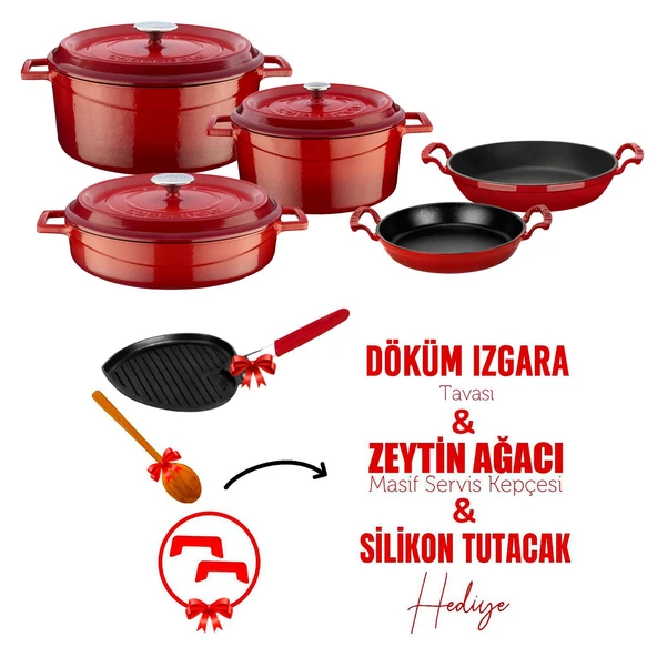 Lava Döküm Çeyiz Seti - Sağlıklı ve Uzun Ömürlü Mutfak Seti   Kırmızı ürün görseli 1