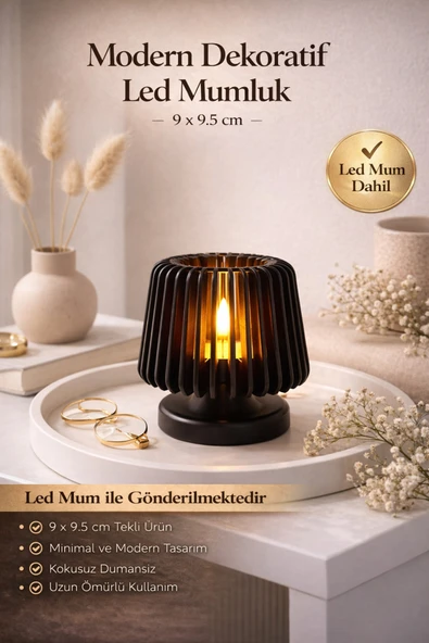 zulya Modern Siyah LED Mumluk – Dekoratif Işıklı Mumluk | 9x9.5 cm | LED Mum Dahil | Şık Masa & Ev Dekoru ürün görseli 1