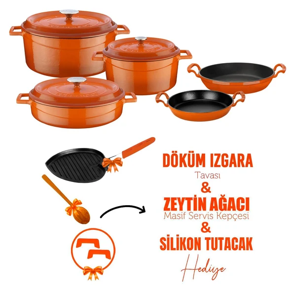 Lava Döküm Çeyiz Seti - Sağlıklı ve Uzun Ömürlü Mutfak Seti   Turuncu ürün görseli 1