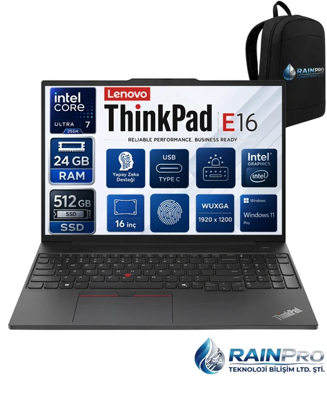 Thinkpad E16 Gen3 Intel Core Ultra 7 255H 24 GB DDR5 512 GB SSD Intel® 16'' Wuxga IPS Windows 11 Pro Taşınabilir Bilgisayar 21SR006RNP05 ürün görseli 1