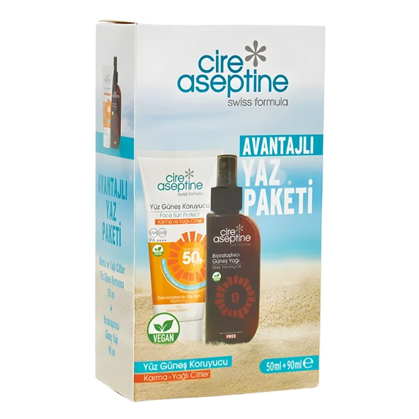 Cire Aseptine Avantajlı Yaz Paketi Yüz Güneş Koruyucu Spf 50+ Karma ve Yağlı Ciltler 50ml ile Bronzlaştırıcı Güneş Yağı 90ml ürün görseli 1
