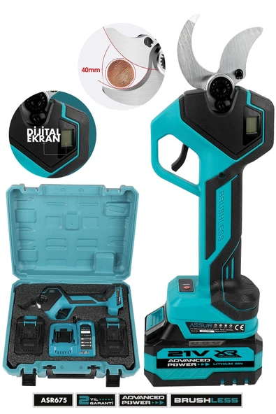 ASSUR 21V Çift Akülü 40 mm Ağaç Odun Dal Kesme Makinesı Şarjlı Dijital Budama Makası Mavi ürün görseli 1
