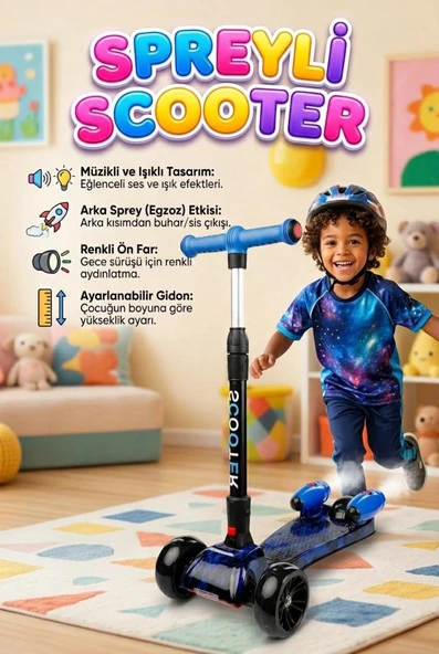 Işıklı Sesli Duman Atan 100 kg Taşıma Kapasiteli Desenli Büyük Boy 3 Tekerlekli Çocuk Scooter ürün görseli 1